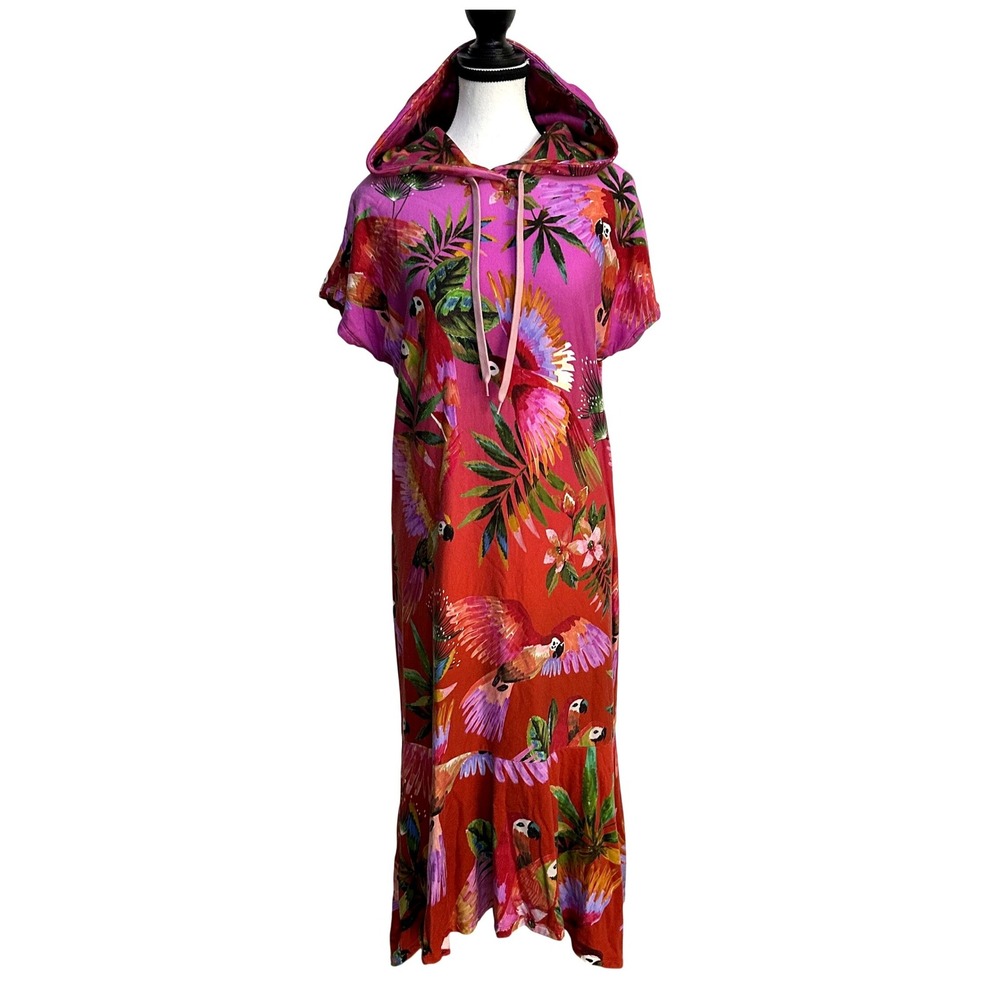 Farm Rio Hooded Sweatshirt Tunic Dress Macaw Small Tropical Boho Cozy Maximalist - Picture 2 of 10